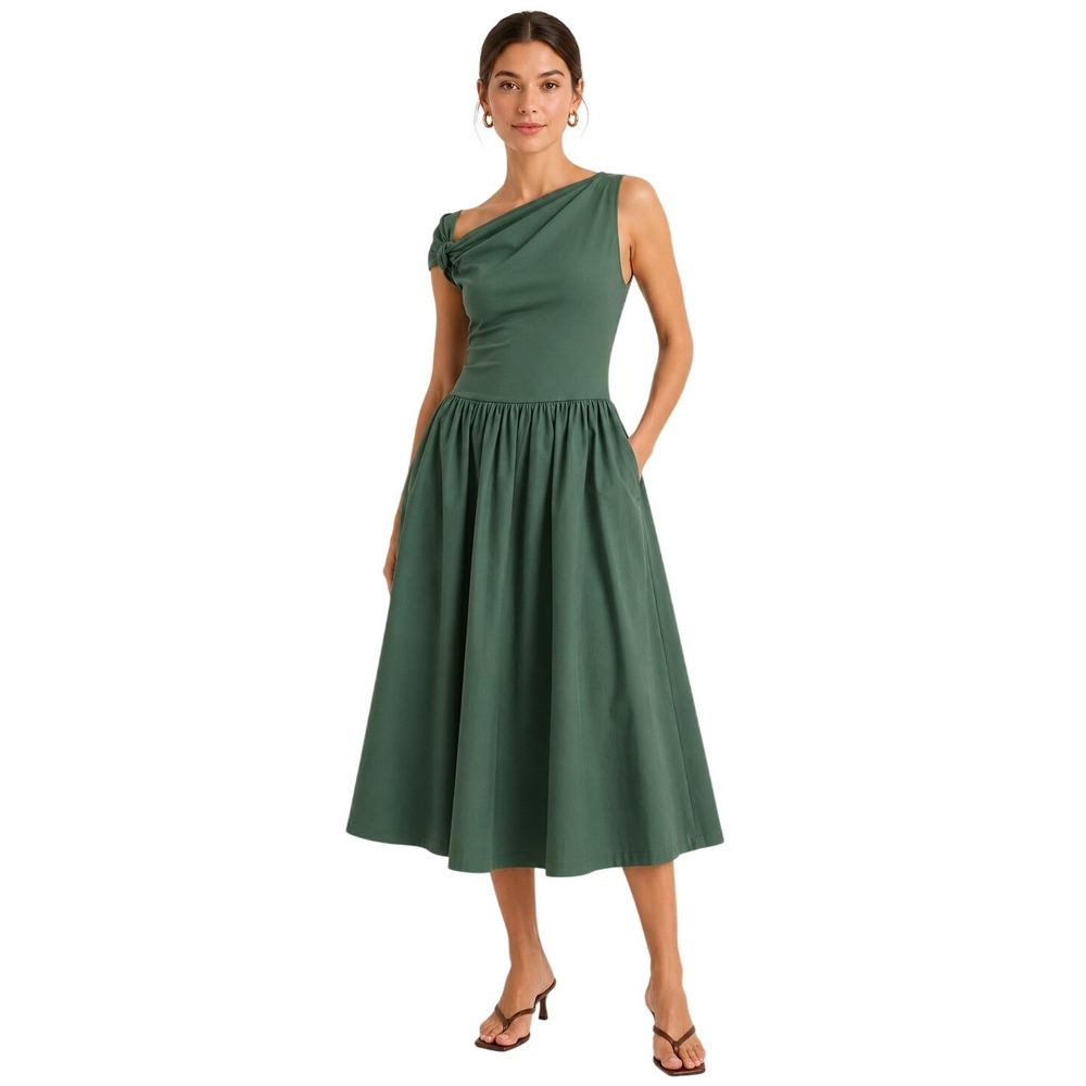 En Saison Modern Romantic One Shoulder Midi Dress Green Full Skirt M